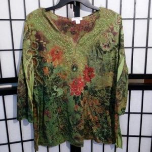 Dress Barn Green Floral Beaded 3/4 Sleeve Blouse